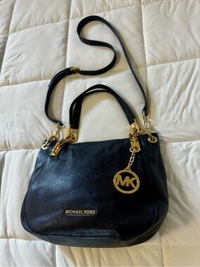 Michael Kors Black Leather Shoulder Satchel with Gold MK Charm